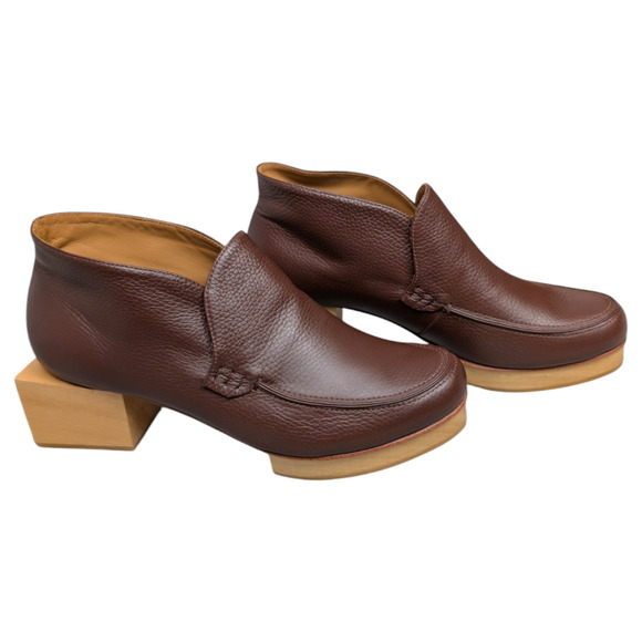 Beklina Matisse Wooden Platform Pebbled Leather Bootie Castagna Brown 11 NEW - Picture 5 of 12